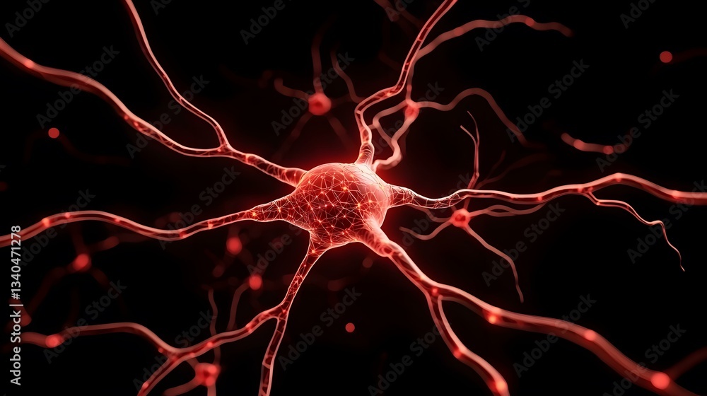 Poster the image shows a detailed 3d rendering of a neuron, a nerve cell, with its branching dendrites and 