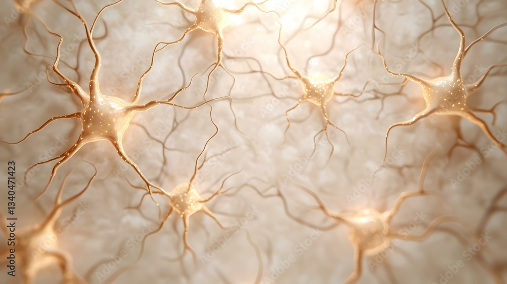 Poster the image shows a microscopic view of several neurons, their intricate networks of axons and dendrit