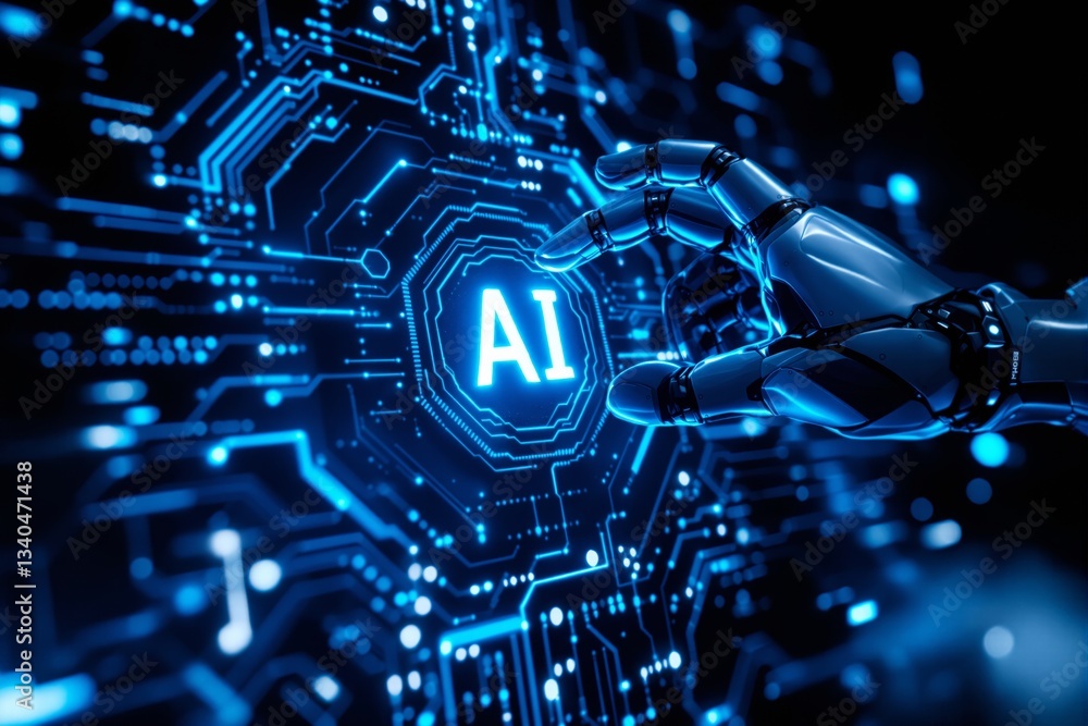 Poster futuristic robotic hand interacting with ai-powered circuitry.