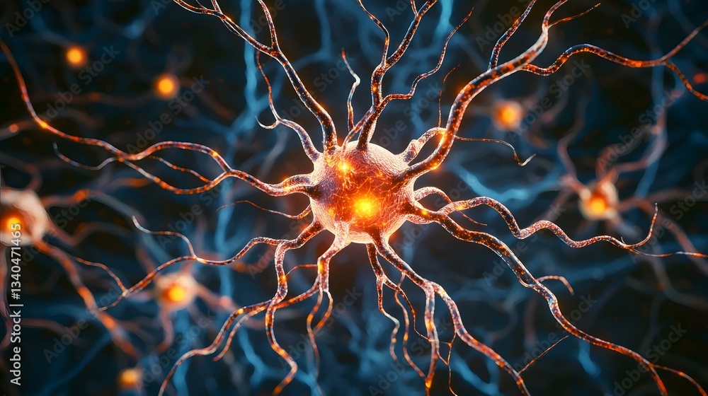 Poster the image shows a detailed rendering of a neuron, a nerve cell, with its branching dendrites and axo