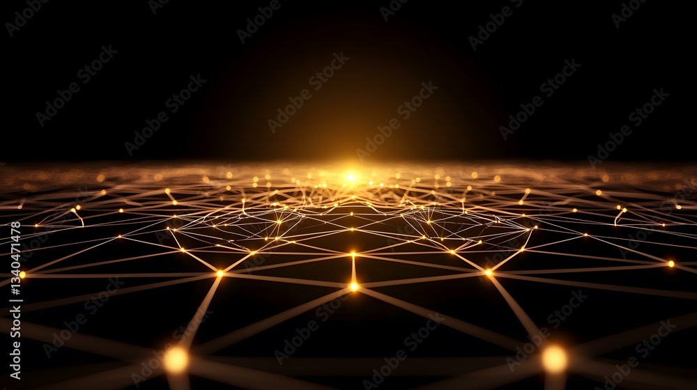 Poster the image shows a network of interconnected nodes, with glowing orange lights at the intersections, 
