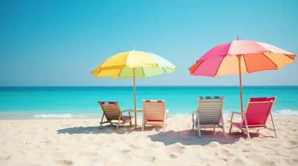 Beach chairs and colorful umbrellas on sandy shore with turquoise ocean and blue sky. Summer vacation and tropical travel concept