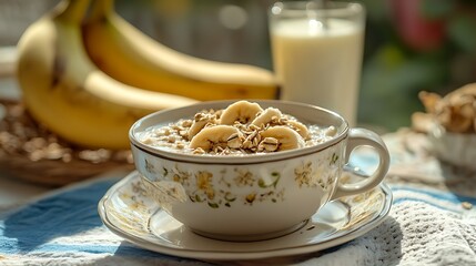 Breakfast oatmeal banana milk mug saucer tableware morning health