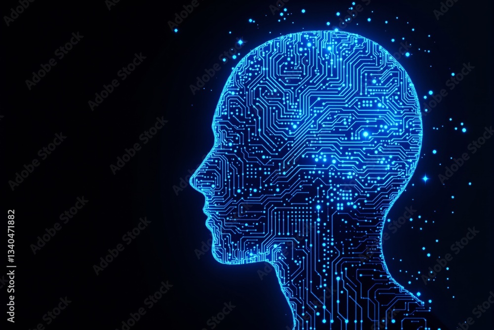 Poster digital human head with circuit board pattern glowing in blue.