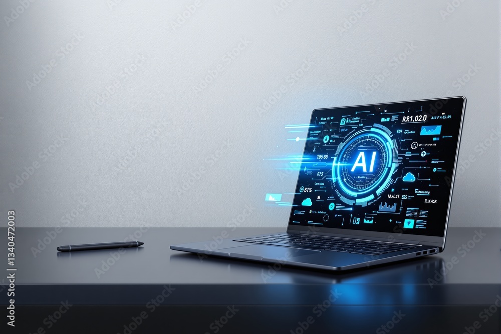 Poster futuristic ai-powered laptop with holographic interface on desk.