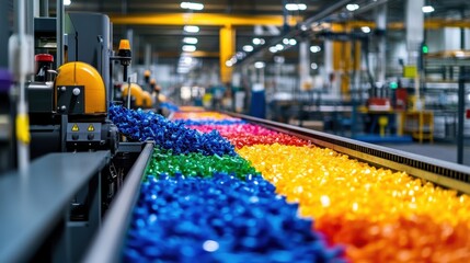 Vibrant Conveyor Belt with Colorful Plastic Particles in Modern Manufacturing Facility