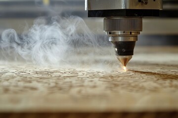 A laser machine etches delicate patterns into wood. Fine smoke rises from the surface