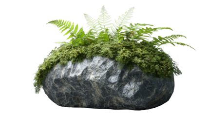Grey rock covered with moss and ferns on transparent background