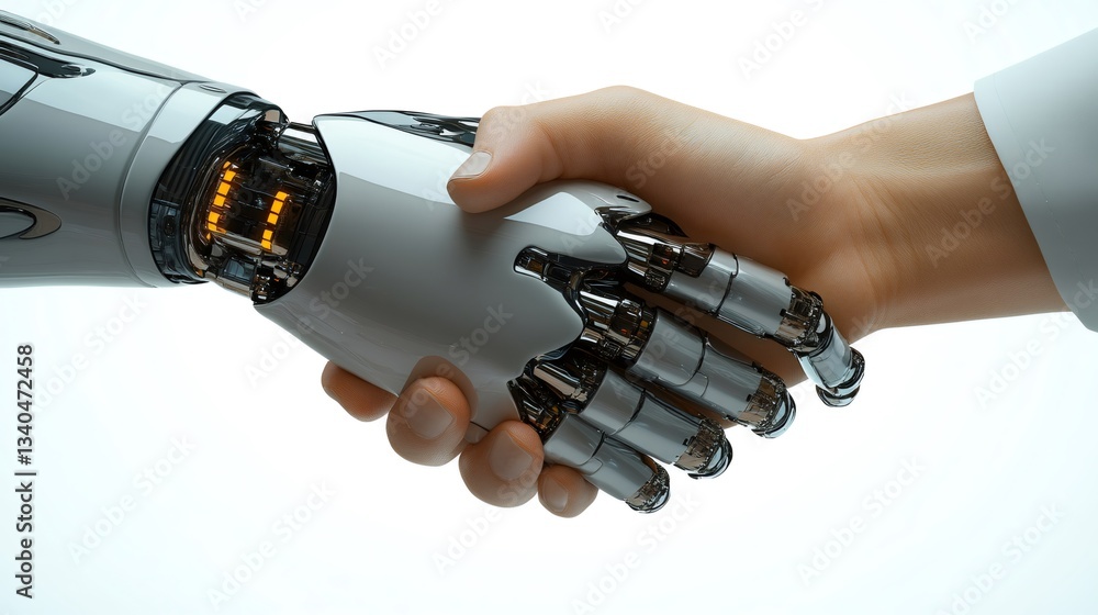 Poster businessman shaking hands with robot showing artificial intelligence development