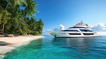 Luxurious yacht docked near a tropical paradise beach.