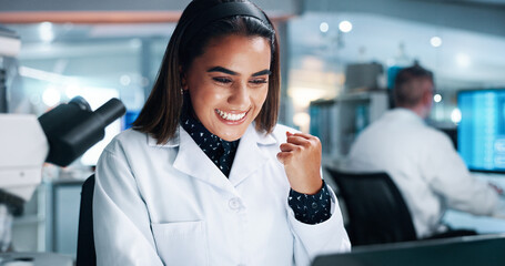Scientist, woman and celebration with laptop, study or medical research with fist pump for...