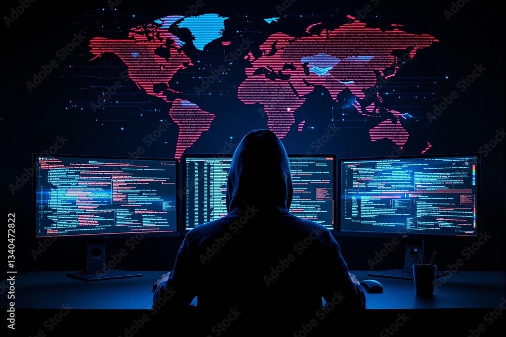 Poster Hacker in hoodie working on multiple monitors with digital world map.