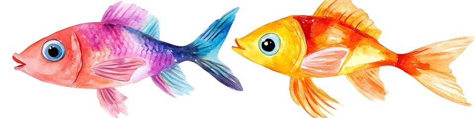 Adorable watercolor cartoon fish, isolated on white background, with bright, playful colors and a cheerful design.