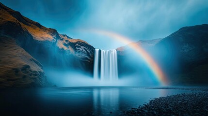Rainbow waterfall landscapes pristine concept. Breathtaking waterfall with a vibrant rainbow, surrounded by majestic mountains.