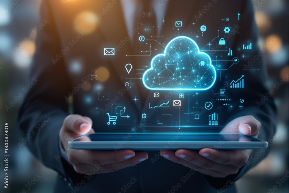 Aufkleber cloud computing technology concept with digital icons above tablet.