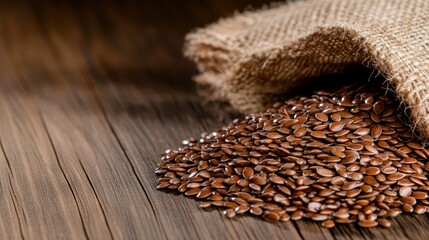 Obraz premium Flaxseeds spilling from a burlap sack on wooden surface.