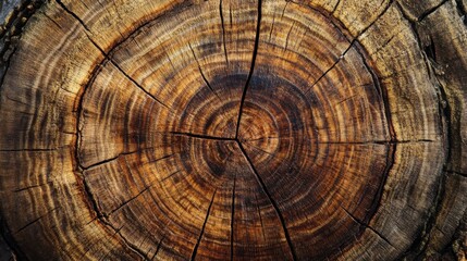 Fototapeta premium Tree trunk cross-section, detailed wood rings, natural growth patterns, rough bark edges, warm earthy tones, high-resolution macro, organic texture, forestry, nature detail, eco-friendly material.