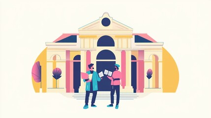 Two people discussing in front of a building.  Possible stock photo use