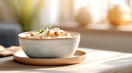 Sunlit bowl of healthy cooked grains on table.