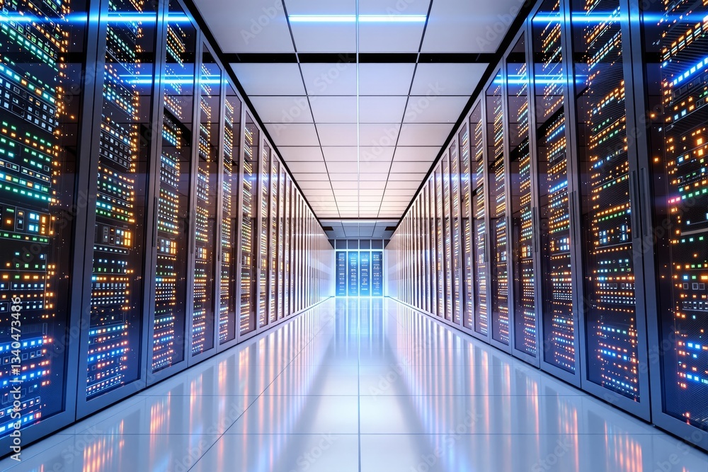 Aufkleber Futuristic data center with illuminated server racks in a long corridor.
