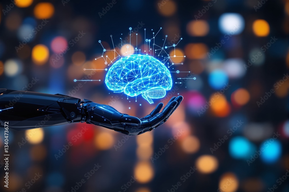 Poster futuristic robotic hand holding a glowing digital brain in a tech environment.