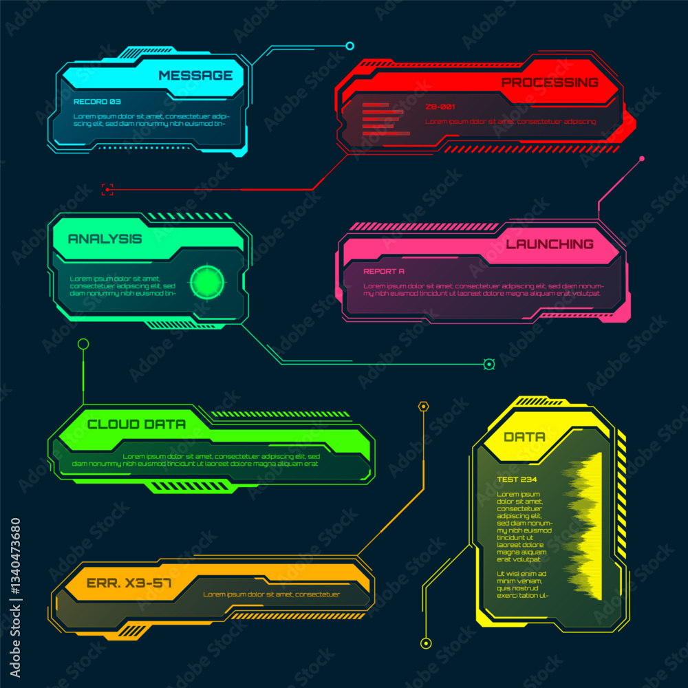 Poster futuristic hud or ui elements. sci-fi user interface text boxes, callouts. colorful warning message 