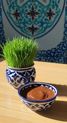 Minimalist Navruz Celebration with Wheatgrass and Elegant Islamic Design