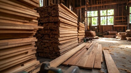 Rustic Wooden Planks Stacked Neatly in a Brightly Lit Workshop with Natural Light Streaming Through Paned Windows and Dust Particles Floating in the Air