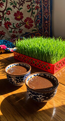 Minimalist Navruz Celebration with Wheatgrass and Elegant Islamic Design