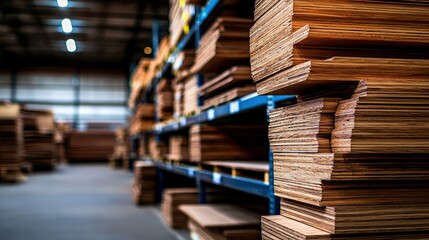 Obraz premium Rows of neatly stacked plywood sheets in a spacious warehouse, showcasing organized storage in a well-lit industrial environment