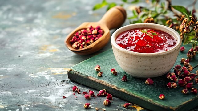 Homemade rosehip marmalade in ceramic bowl with dried rose hip fruits on green board