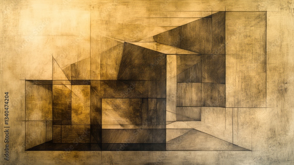 Poster abstract architectural perspective drawing with intersecting geometric shapes