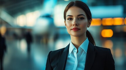 Obraz premium Close-Up of a Confident Female Flight Attendant Walking Through the Airport: Poise, Professionalism, and World-Class Hospitality