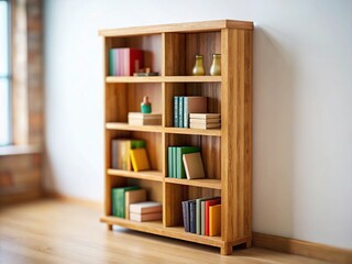 Fototapeta premium Minimalist Rustic Wooden Bookshelf on White - Tilt-Shift Stock Photo