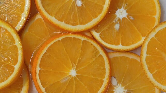 Macro video of mandarin slice kept on rotating disc. Half orange slice rotating.
