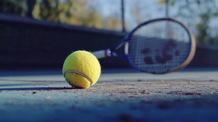 Bright green tennis ball resting near a tennis racket on a clay court with soft shadows and blurred net in background, capturing precision, focus, and energy in outdoor competitive tennis.




