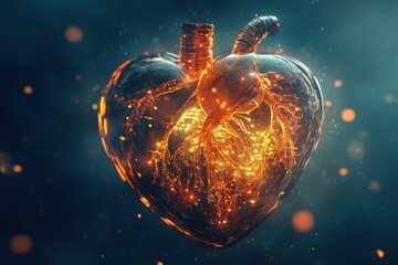 A digital art-style futuristic heart with a transparent effect, glowing with bio-electronic pulse waves.