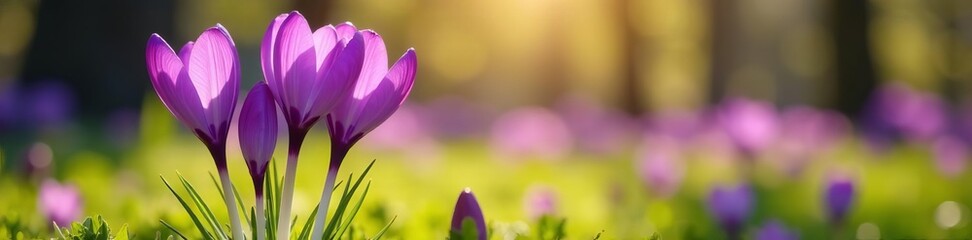 Naklejka premium Close-up of purple crocus plant in sunny park setting, crocus, garden, narcissus