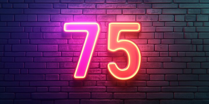 Neon number 75 glowing against textured brick wall in vibrant colors