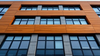 Modern Building Facade Featuring Wooden Panels and Glass Windows with Strong Geometric Lines and Patterns in Urban Architecture Scene