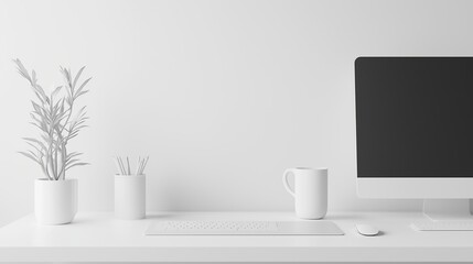 3d minimal mockup for desktop design white clay perspective