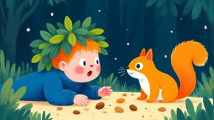 Naklejka premium Boy meets the wonderful forest of squirrel