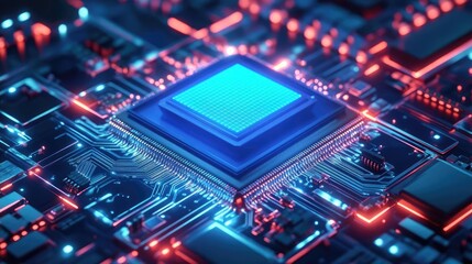 Obraz premium Close Up Of A Glowing Blue Microchip On A Red Circuit Board