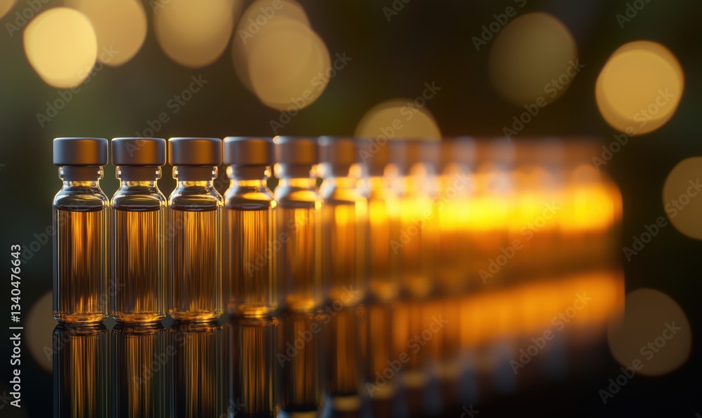 Poster row of glass vials illuminated by soft bokeh lights creating a warm atmosphere