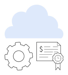 Gear and document with certification icon beneath blue cloud, representing cloud computing, technology, data storage, digital security, online certification, process automation, remote access. Ideal