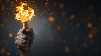 A clenched fist holding a torch symbolizes perseverance and strength in achieving goals. Defined hand texture with bright flame clarity.