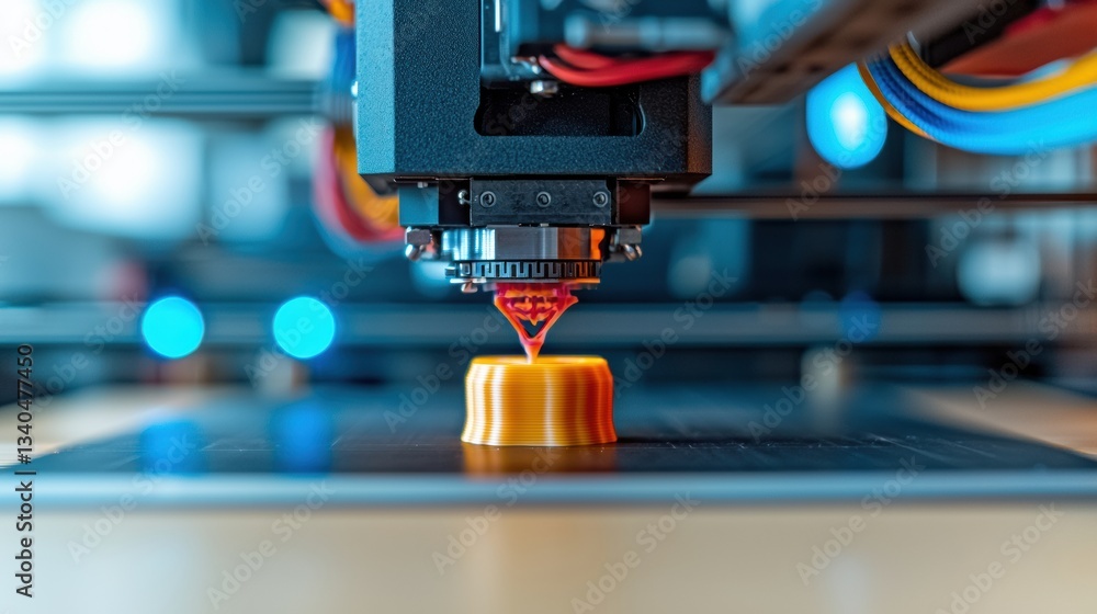Poster 3d printer creating a metal object on a flat surface.