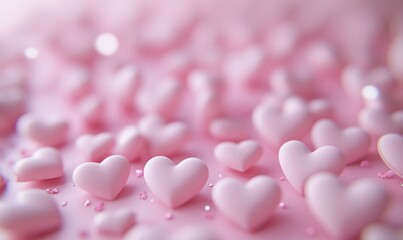 Pink heart-shaped candies scattered on soft pink background for romantic occasions