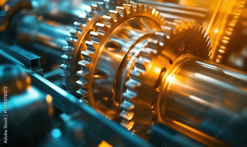 Poster close-up of metallic gears in motion showcasing intricate machinery design and engineering