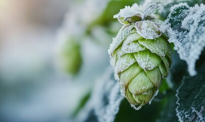Frost-covered hop cone in winter landscape showcasing nature's beauty and resilience